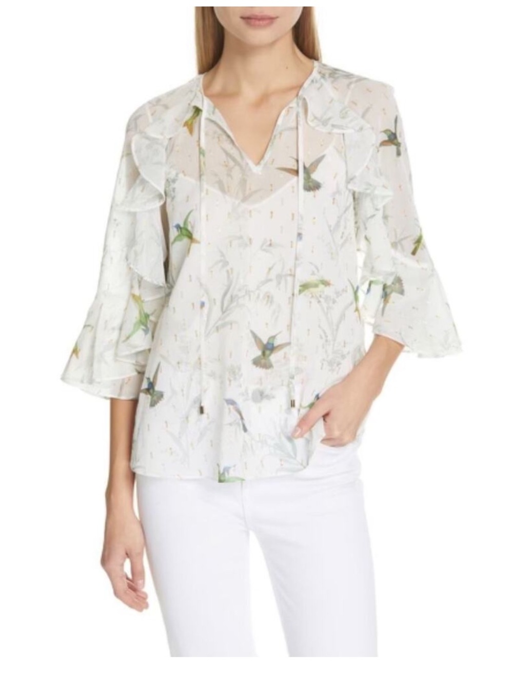 Ted Baker Sheer Hummingbird Print Ruffle Flutter Blouse